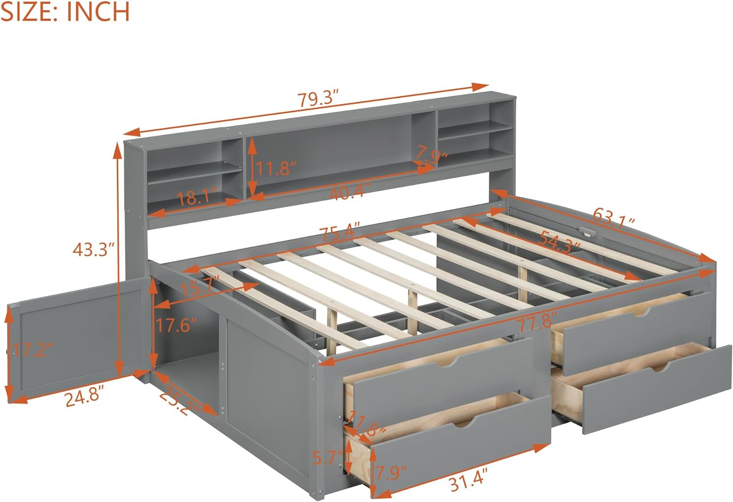Harper & Bright Designs Full Size Storage Daybed with 4 Drawers, Bookcase and 2 Bedside Cabinets, Solid Wood Full Captain’s Bed Frame for Kids Teens Adults, No Box Spring Needed (Gray)