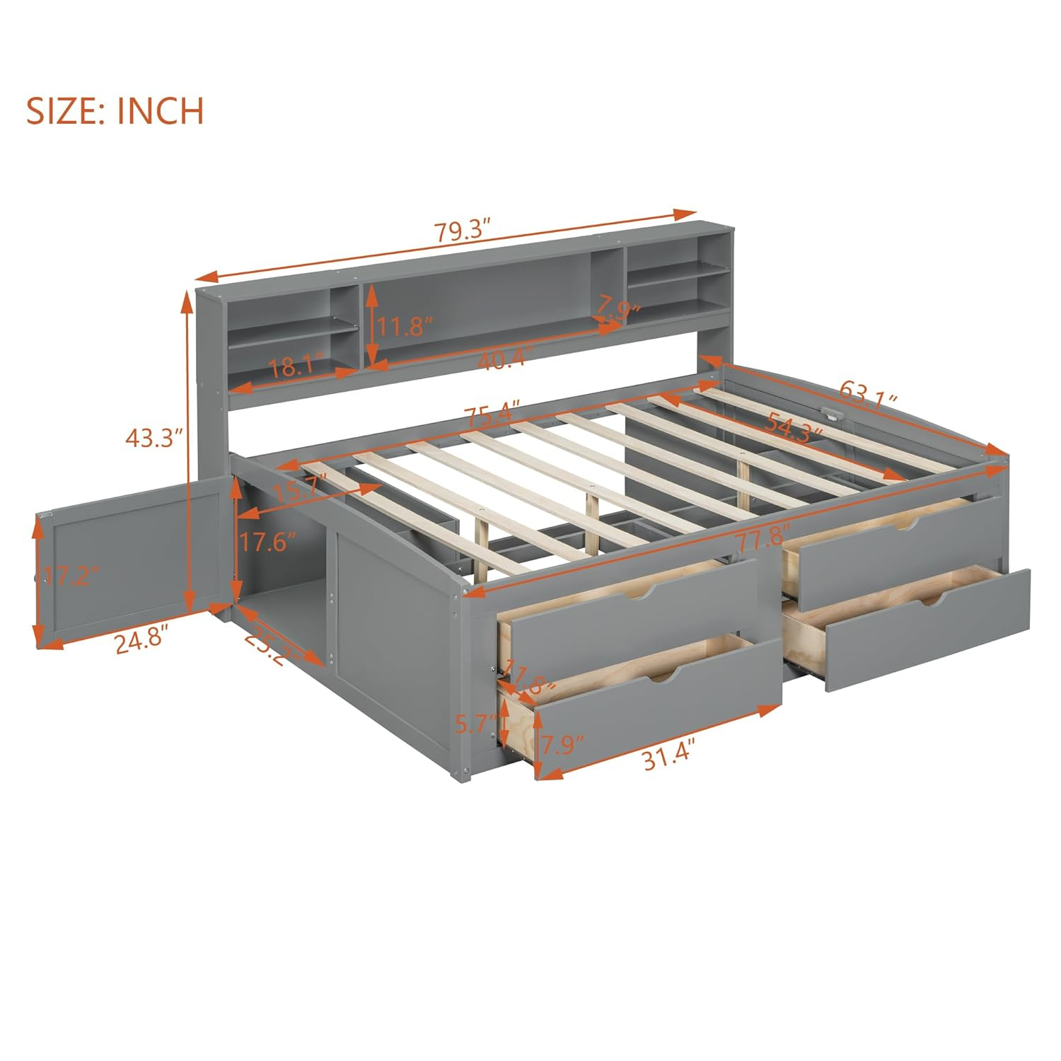 Harper & Bright Designs Full Size Storage Daybed with 4 Drawers, Bookcase and 2 Bedside Cabinets, Solid Wood Full Captain’s Bed Frame for Kids Teens Adults, No Box Spring Needed (Gray)