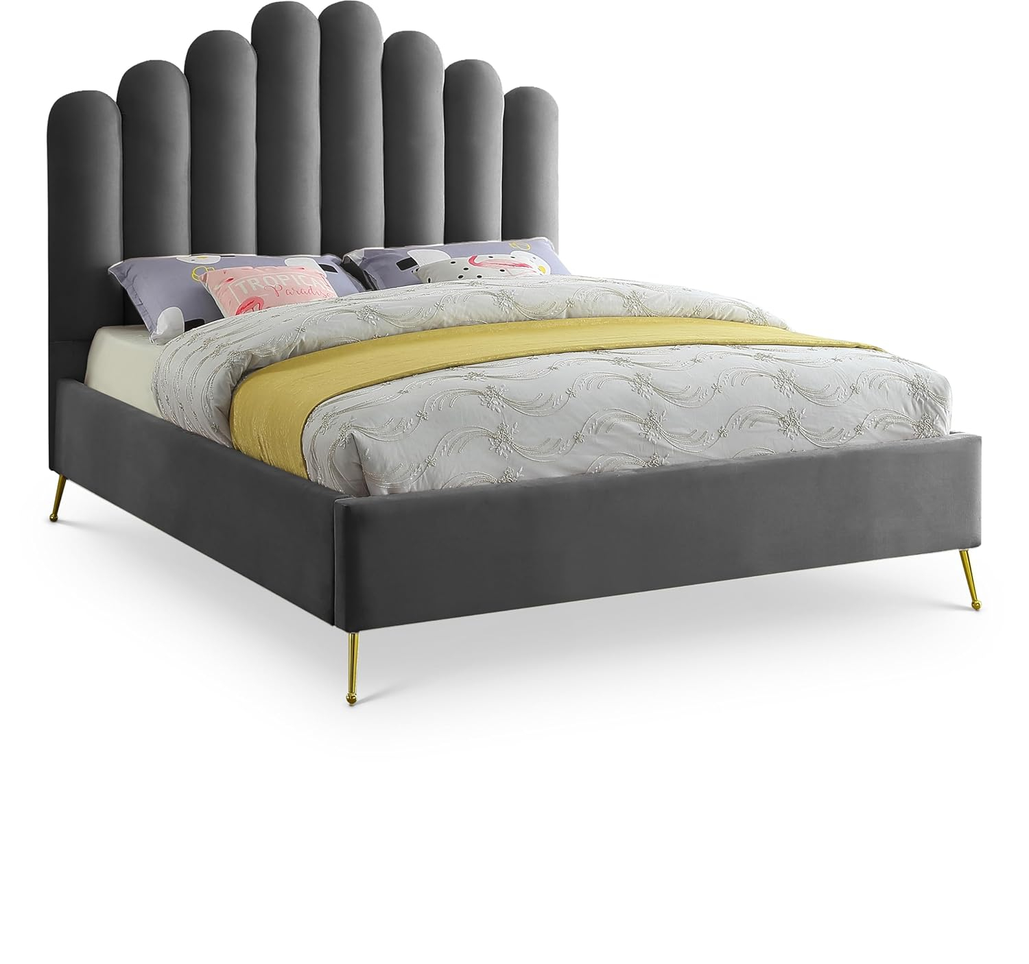 Meridian Furniture Contemporary Velvet Upholstered Platform Bed with Sturdy Gold Steel Legs and Deep Channel Tufted Headboard