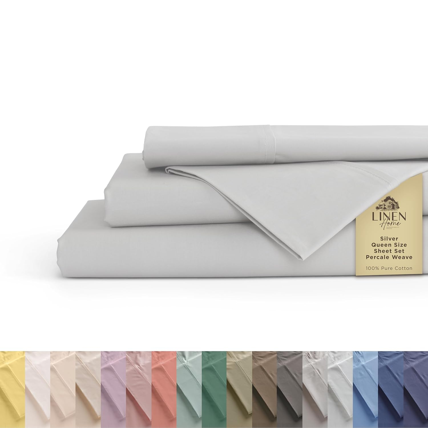 Linen Home 100% Cotton Percale Sheets Queen Size, Silver, Deep Pocket, 4 Pieces Set - 1 Flat, 1 Deep Pocket Fitted Sheet and 2 Pillowcases, Crisp Cool and Strong Bed Linen
