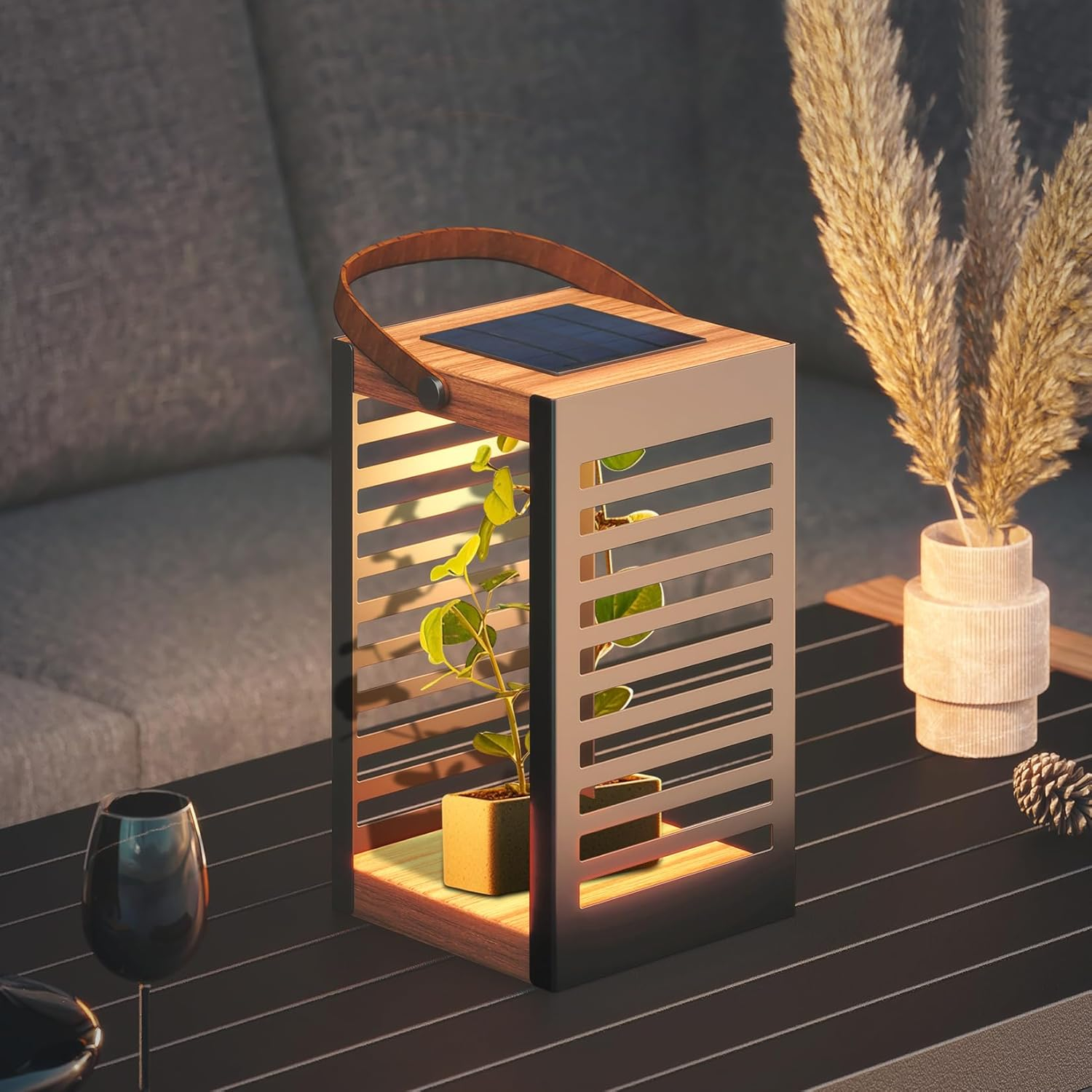 Large Solar Powered Gray Metal Outdoor Floor Lantern