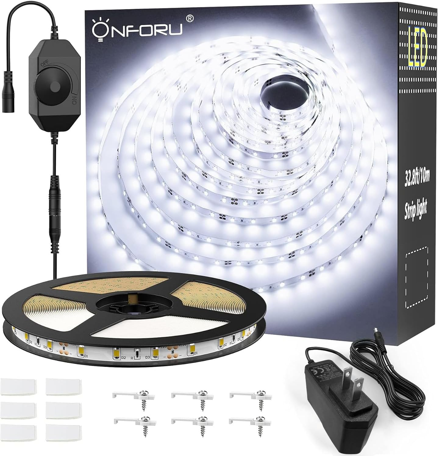 Onforu White LED Strip Lights, 32.8FT 6000K Super Bright Dimmable Tape Light Kit, 600 LEDs Daylight Easter Rope Light, 12V Flexible Strip Lighting for Mirror, Under Cabinet, Home, Bedroom