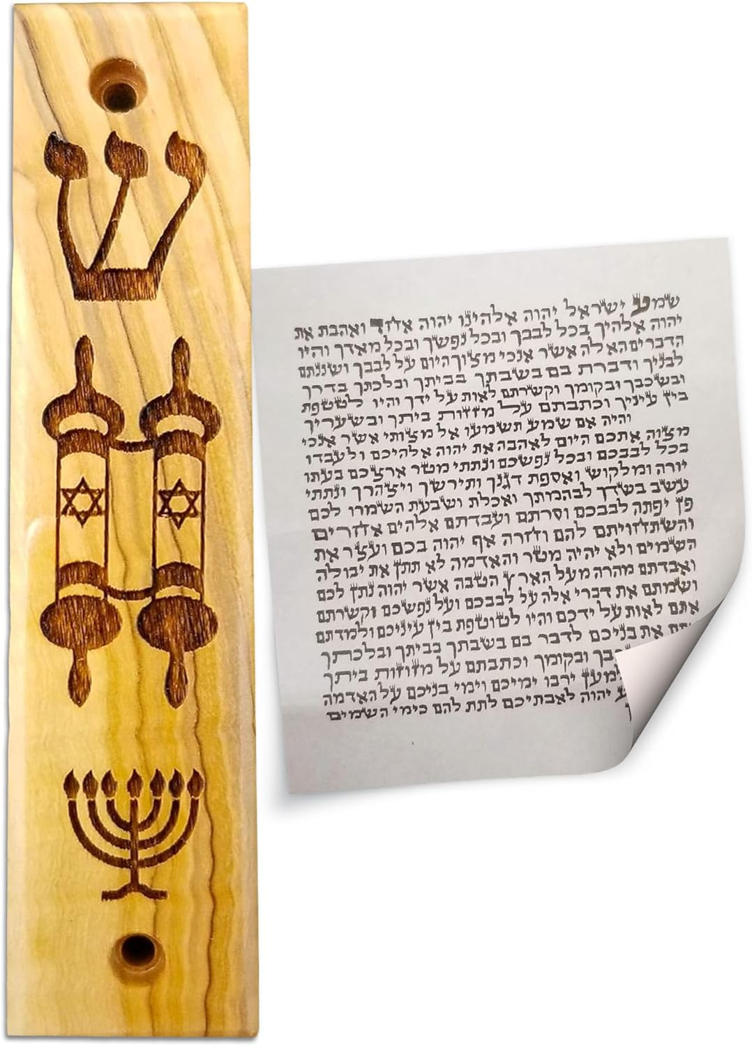 Shema, Torah Scroll, Menorah Olive Wood Mezuzah