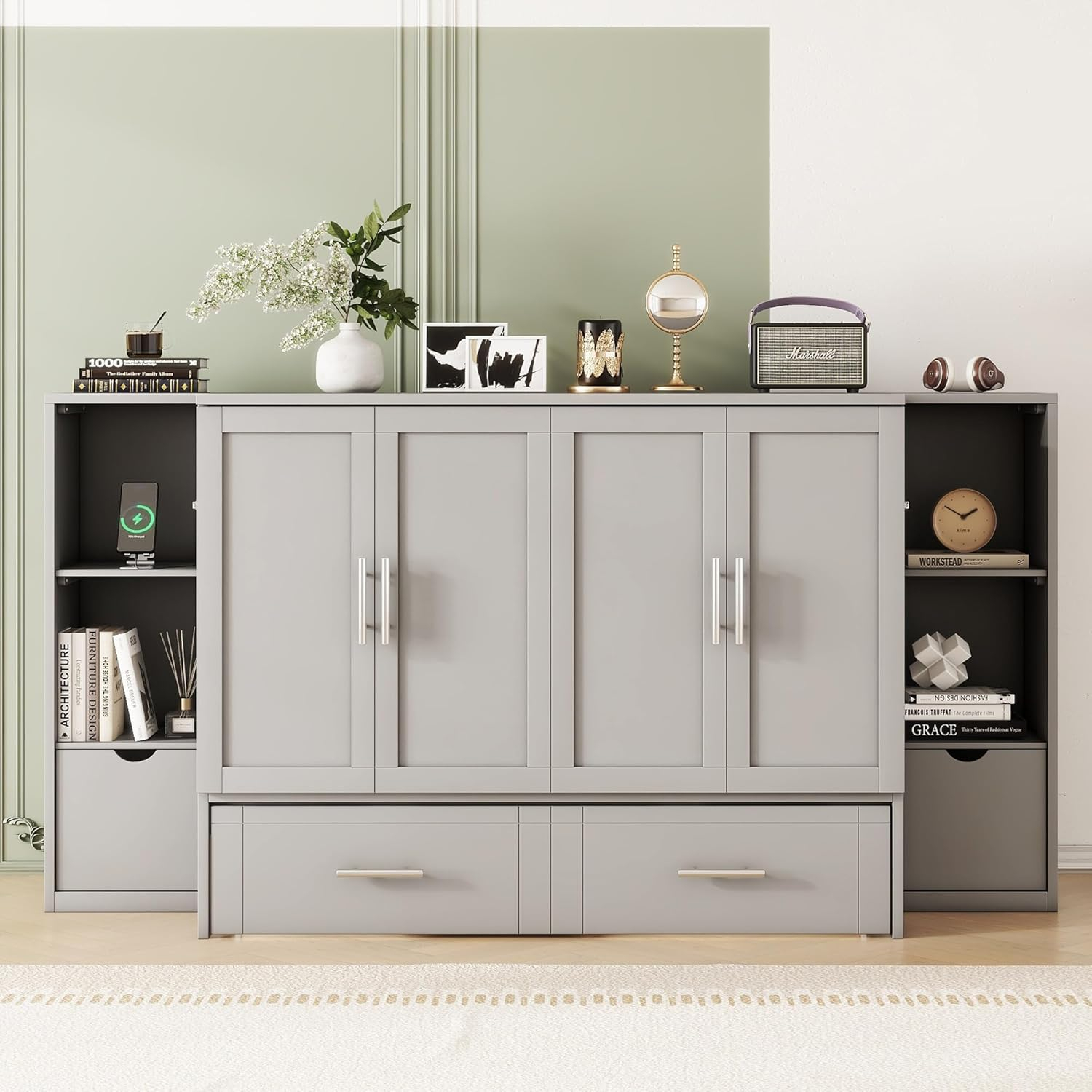 Full Size Murphy Wall Bed With Storage and Bookcase Headboard, Solid Wood Cabinets With Shelves, Drawers and USB Ports, Multi-Function Platform for Home Office, Guest Room - Gray