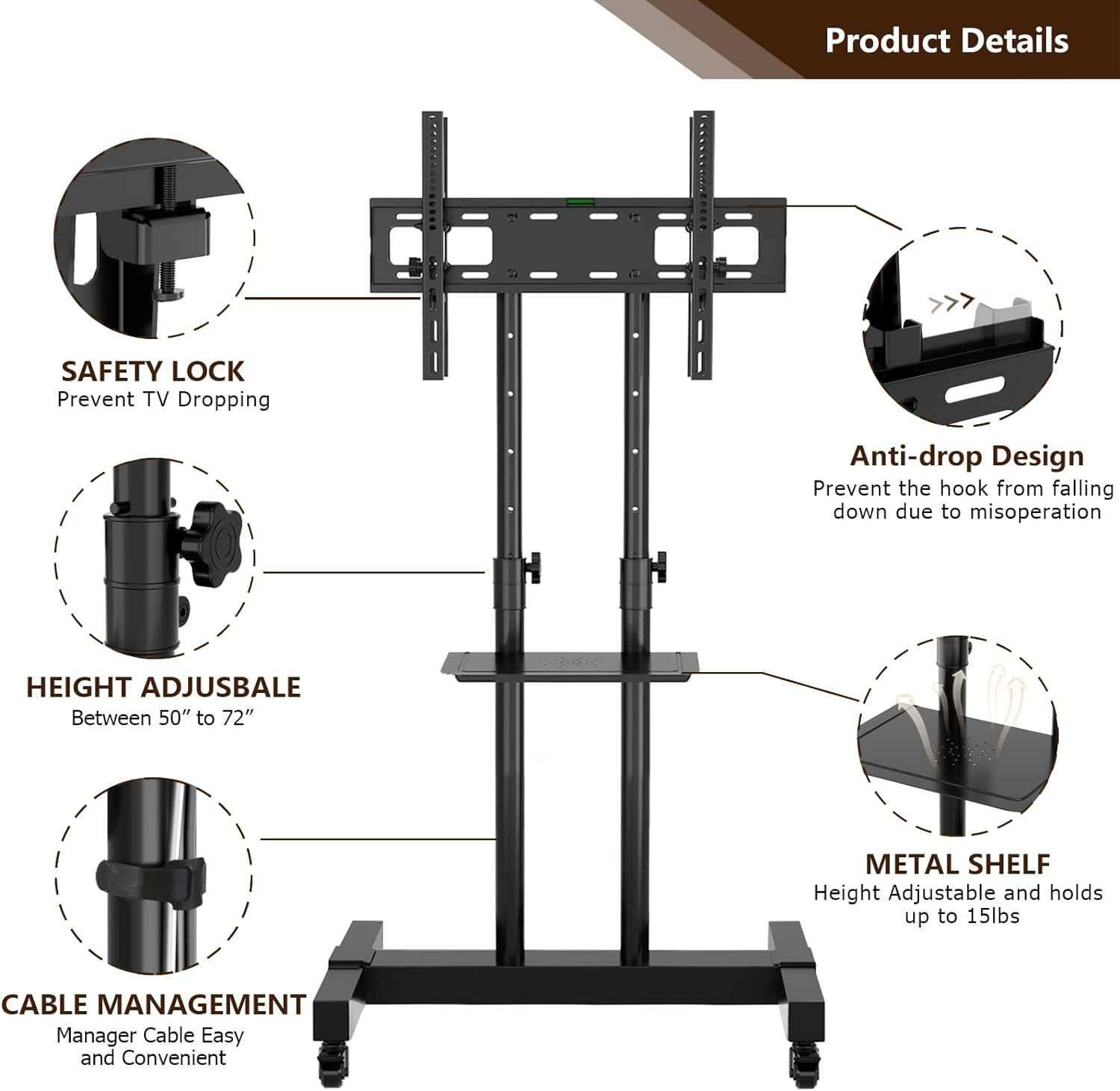 TAVR Dual Mobile TV Stand Rolling TV Cart Floor Stand with 2 TV Brackets on Locking Wheel Height Adjustable Shelf for 32-70 inch Flat/Curved Screen Gaming Console Display,Loading 110 lbs
