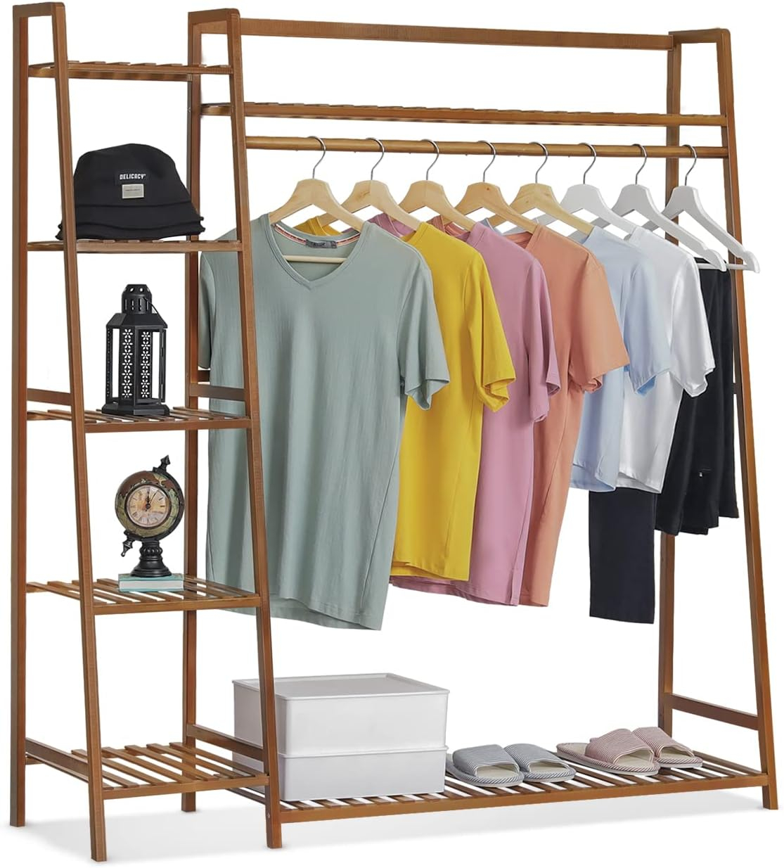 MoNiBloom Bamboo Garment Rack with 5-Tier Storage Shelves Trapezoid Multi-Functional Garment Rack, Clothes Hanging Rack Stand for Bedroom Living Room, Natural