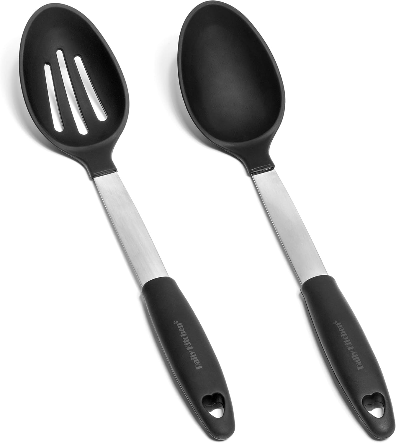 Cooking Spoons Set Heat Resistant Silicone and Stainless Steel Metal - Serving Spoon with Rubber Grip - Flexible Silicone Spoon for Non Stick Cookware – Spoons for Cooking – 2-Set