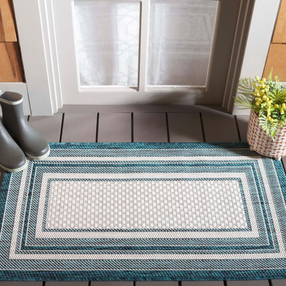SAFAVIEH Courtyard Ercan Bordered Indoor/Outdoor Area Rug, Ivory/Teal, 2' x 3'7"