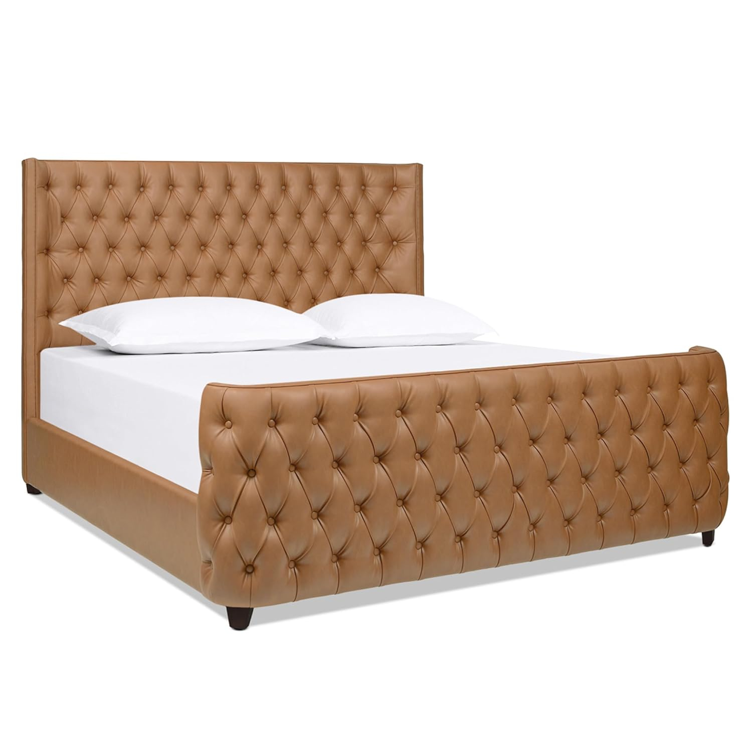Grand Caramel Tan King Bed with Tufted Faux Leather Headboard
