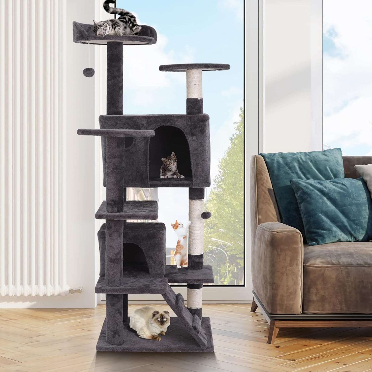 53 Inches Multi-Level Cat Tree Furniture Kitten Activity Play House Bed Pet Kitty Climbing Tower with Scratching Posts/Plush Perch/Scratcher Ladder/Tunnel for Cats,Kittens,Pets (Grey)