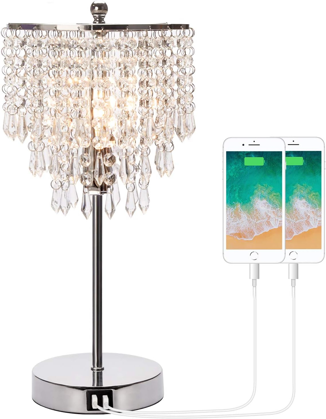 White Crystal 3-Way Touch Control Table Lamp with USB Ports