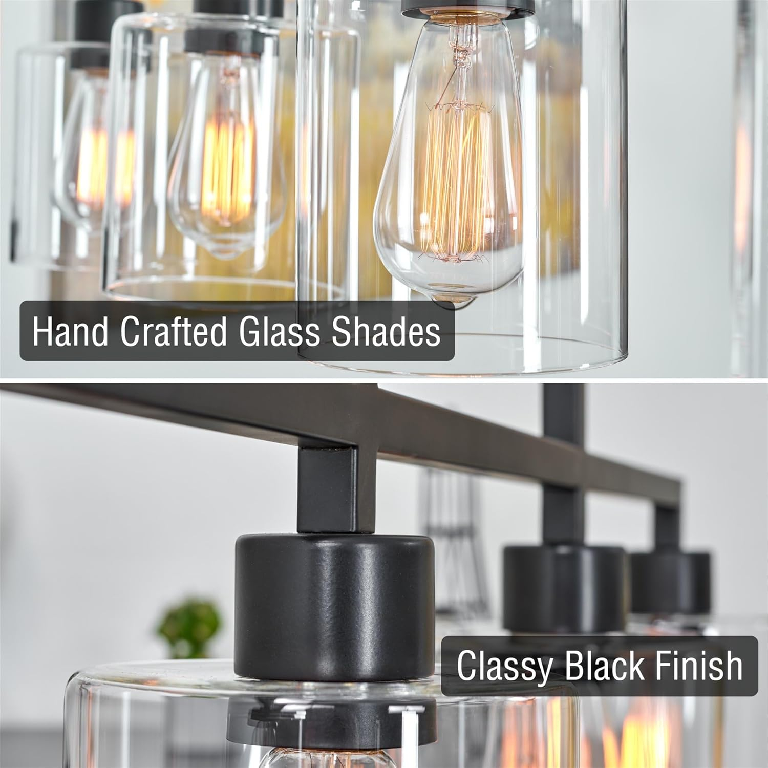 Kira Home Stratford 34" 4-Light Farmhouse Island Light + Glass Shades, Adjustable Hanging Height, Black