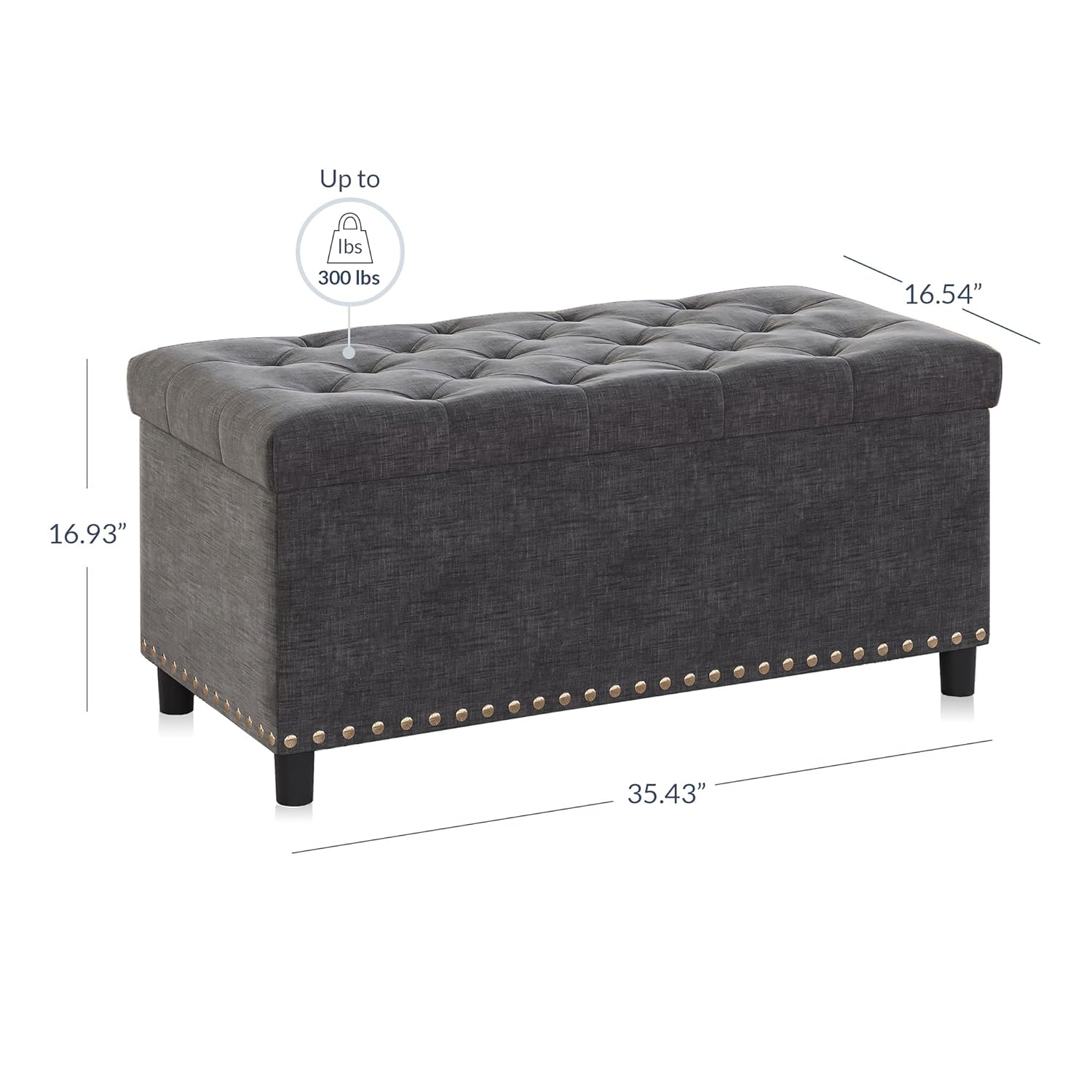 BELLEZE 35 Inch Storage Ottoman, Button-Tufted Ottoman Linen Storage Bench with Safety Close Hinge, Ottoman with Storage for Living Room, Entryway, Hallway, Foot Rest, Support 300lbs - Dark Grey