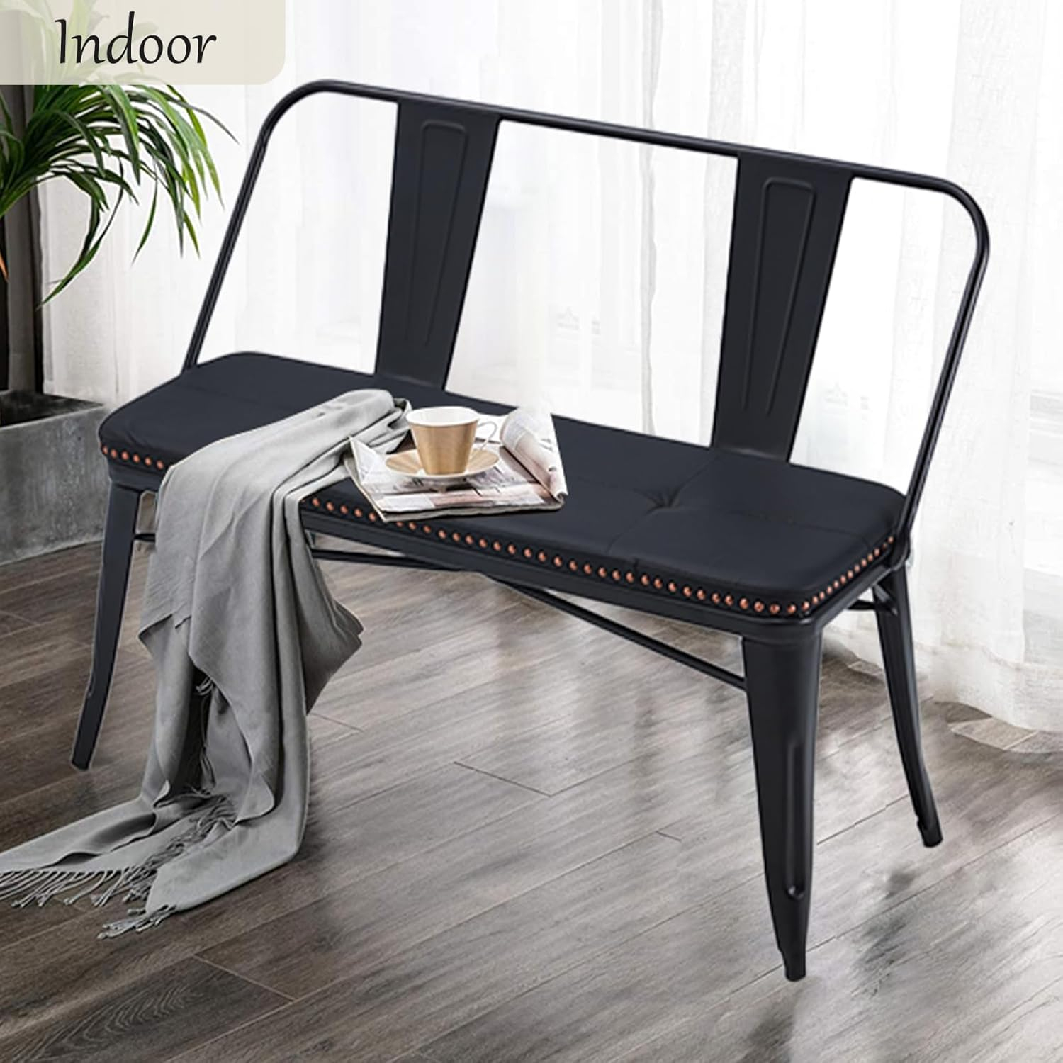 YOLENY Dining Bench, Entryway Bench with Back, Farmhouse Metal Dining Bench, Industrial Mid-Century 3 Person Rustic Spindle Bench, with Leather Seat, Removable Backrest, 42in, Black