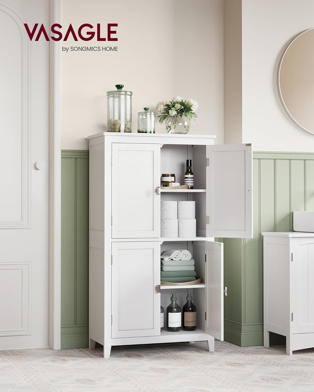 VASAGLE Bathroom Floor Storage Cabinet, Bathroom Storage Unit, Freestanding Cabinet with 4 Doors, Adjustable Shelves, 11.8 x 23.6 x 43.3 Inches, White UBBC552P31