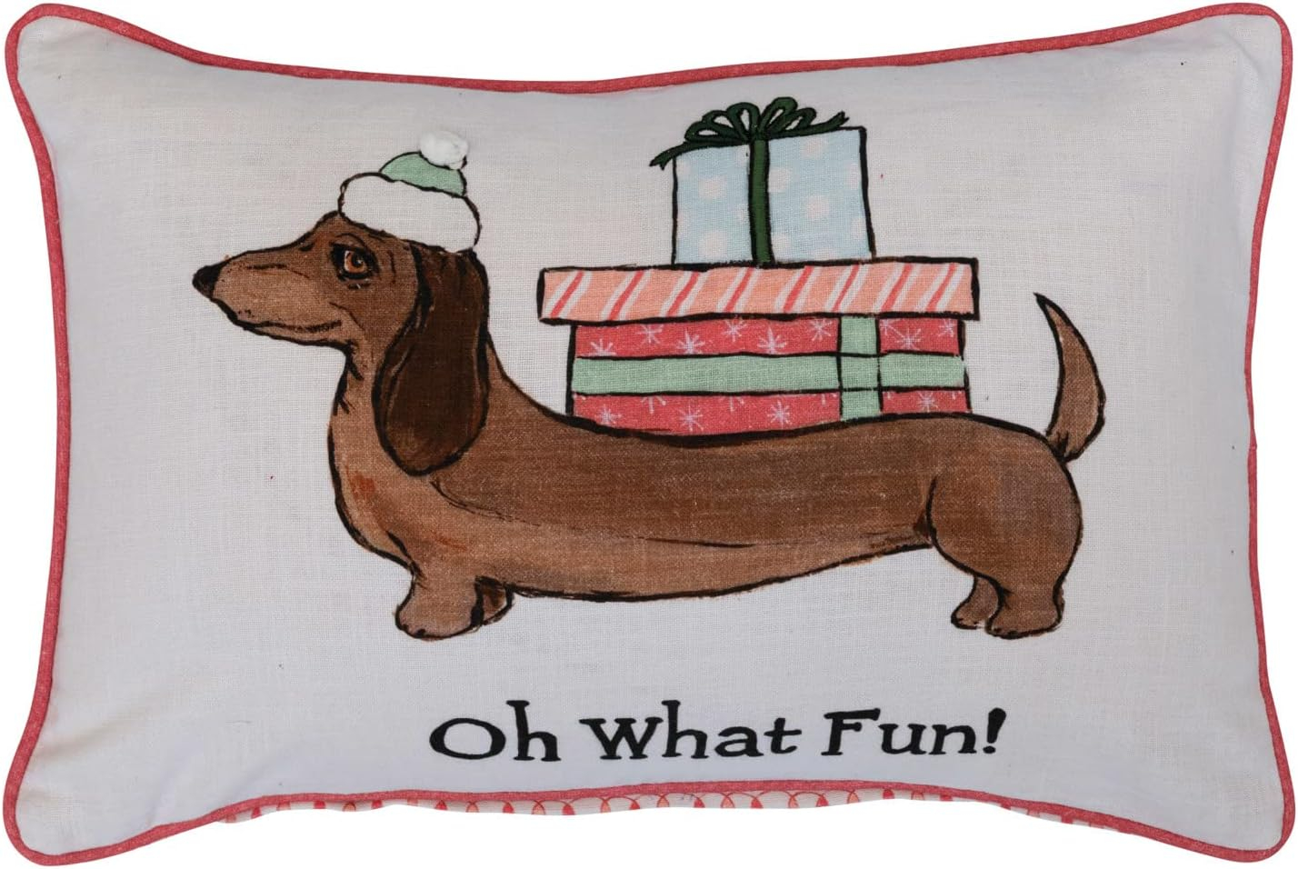 Creative Co-Op 24" L x 16" H Cotton Printed Lumbar Pillow w/Dog in Hat, Pom Pom, Embroidery, Piping & Patterned Back Oh What Fun!, Multi Color ©