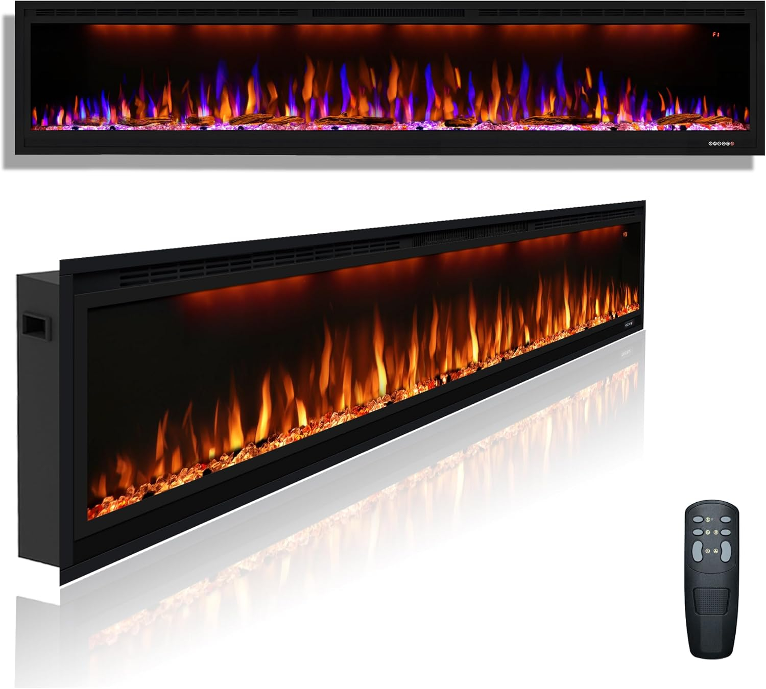 84 in. Electric Fireplace, Fireplace Insert/Wall Mounted with Thermostat, 1500-Watt to 750-Watt in Black