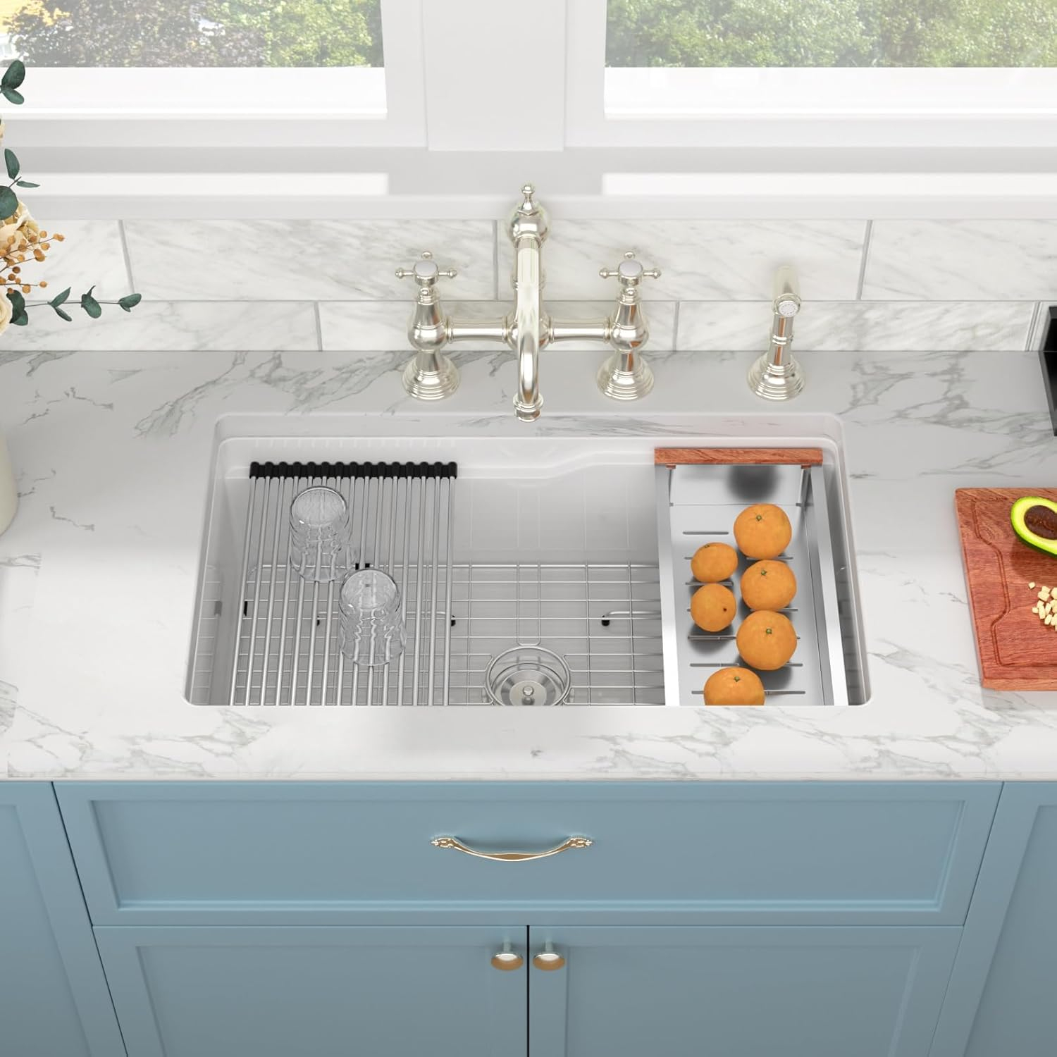 Sarlai White Workstation Kitchen Sink 32 Inch White Undermount Kitchen Sink Ceramic Sinks Drop In Single Bowl Ledge Workstaion Topmount Fireclay Basin 32 x19 x10 Inch