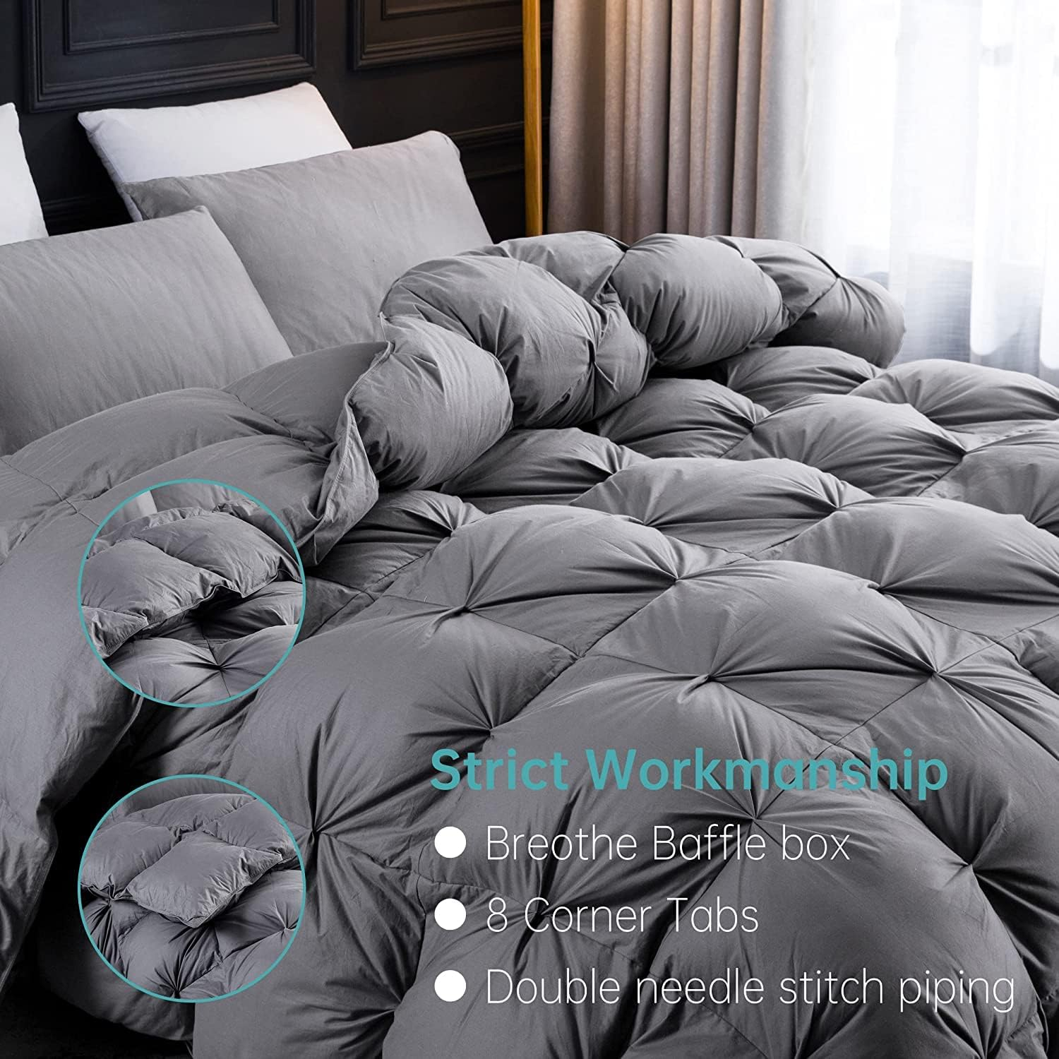 Three Geese Pinch Pleat Waterfowl Feathers and Down Comforter Queen Size Duvet Insert,750+ Fill Power,1200TC 100% Cotton, Premium All Seasons Pebble Grey Warm Hotel Comforter with 8 Tabs.