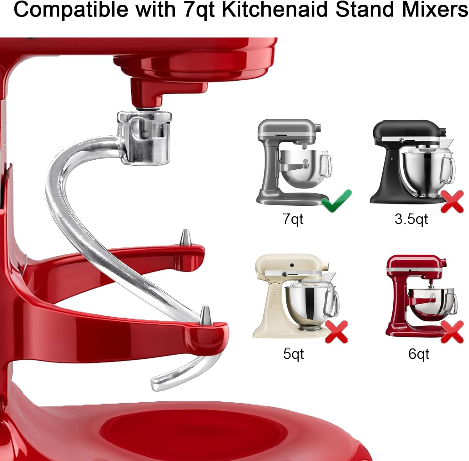 Stainless Steel Dough Hook Replacement for KSMC7QDH Mixing Head 7 Quart Attachment Compatible with KSM7990, KSM7581 Mixer Parts Accessories