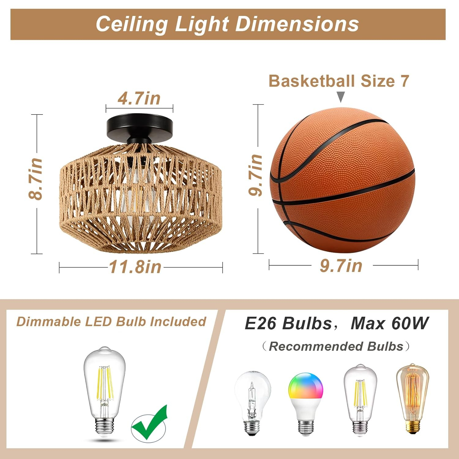 Boho Light Fixtures Ceiling Mount,Mini Rattan Chandelier Light Fixture with Dimmable LED Bulb,Hand Woven Ceiling Light Fixtures Flush Mount for Hallway Bedroom Kitchen Entryway Living Room