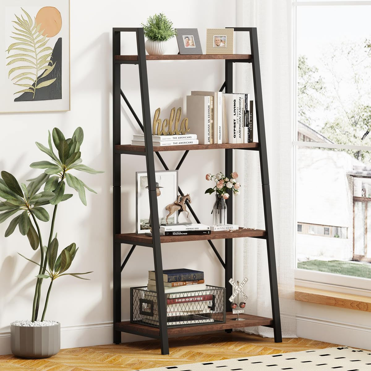 BON AUGURE Industrial Ladder Shelf Bookcase, 4 Tier Rustic Ladder Bookshelf, Standing Leaning Book Shelves for Living Room (Rustic Oak)