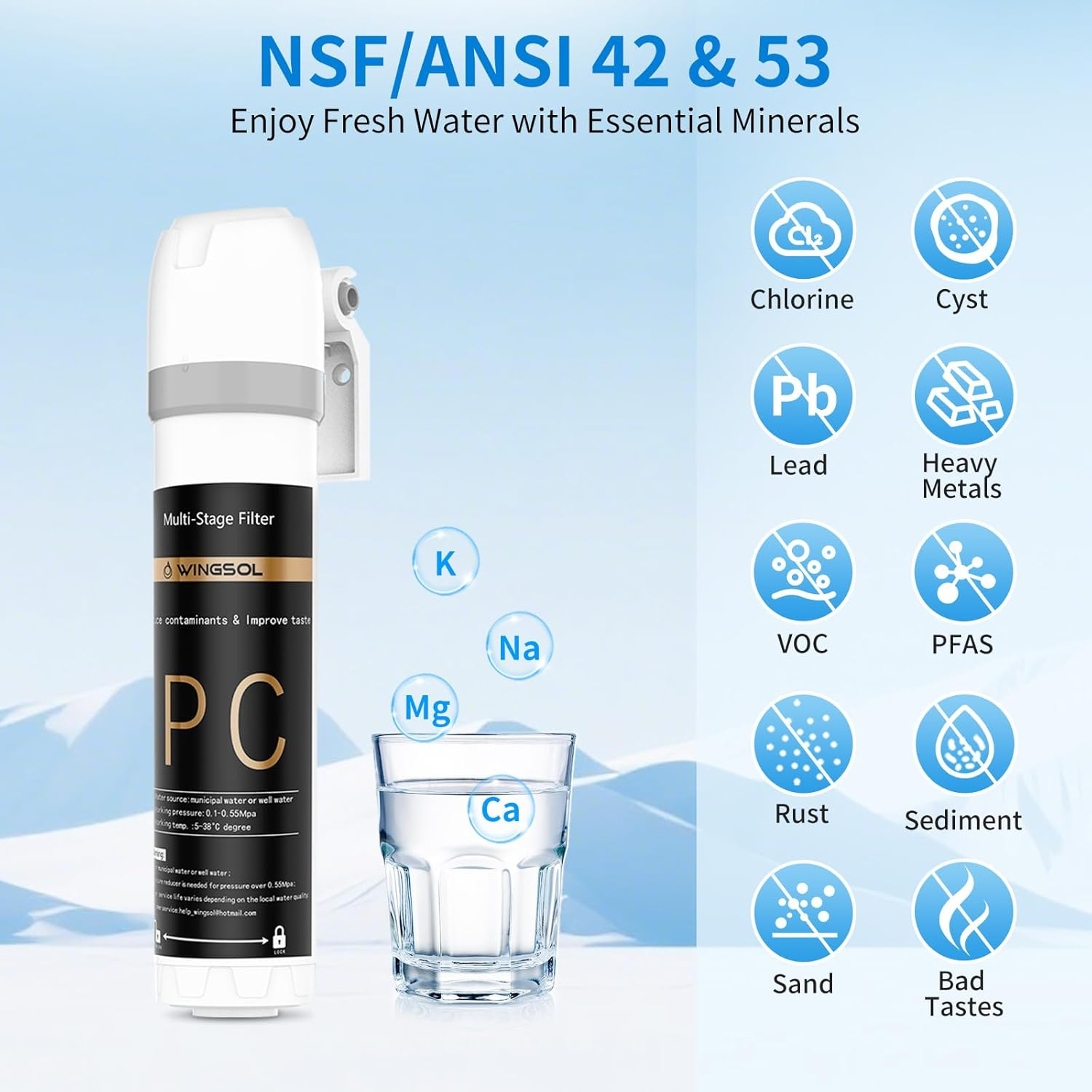WINGSOL Under Sink Water Filter System with Faucet, Anti-Clogged Design, Reduces PFAS, Lead, Chlorine, Bad Taste, Sediment, NSF/ANSI 42&53, 8K Gallons, Easy Installation, Chrome Faucet
