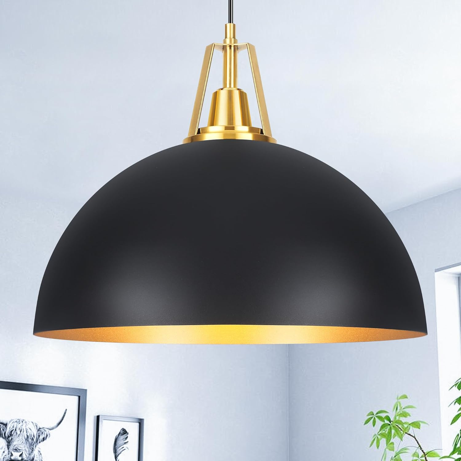 Large Pendant Light Black and Gold Dome Pendant Light Fixtures 17.71” Industrial Hanging Lamp Modern Farmhouse Dome Chandelier Pendant Lighting for Kitchen Island Hallway Dining Room Entryway Foyer
