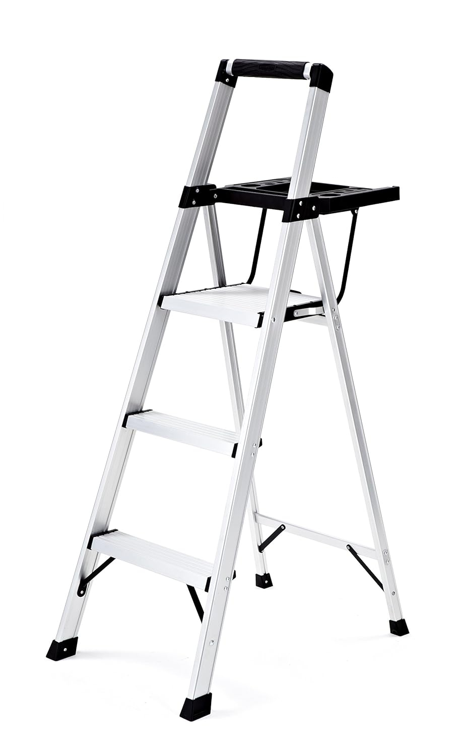 Lightweight Silver Aluminum 3-Step Foldable Ladder with Tray