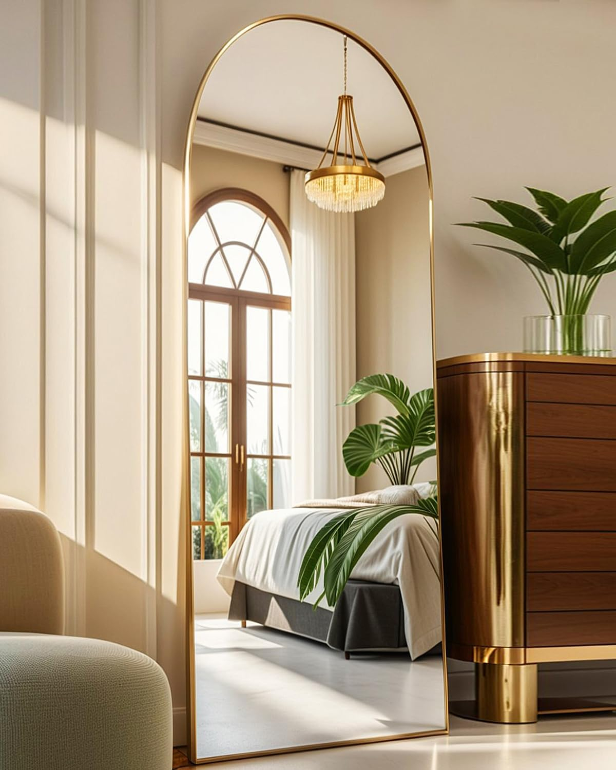 Antok Arched Full Length Mirror, 58"x18" Floor Mirror Freestanding, Floor Standing Mirror Full Body Mirror with Stand for Bedroom, Hanging Mounted Mirror for Living Room Cloakroom,Gold