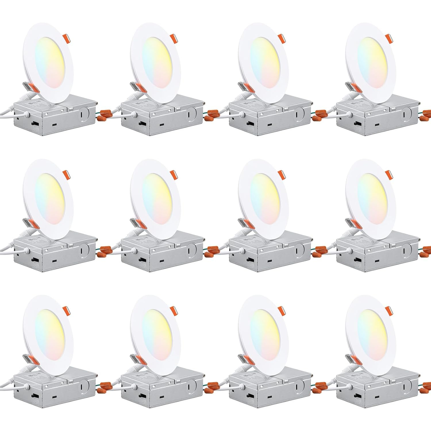 TORCHSTAR 12 Pack 4" 5CCT Dimmable LED Recessed Light with J-Box, 2700K/3000K/3500K/4000K/5000K Selectable, 10W LED Downlight, Aluminum, High Brightness, ETL & Energy Star