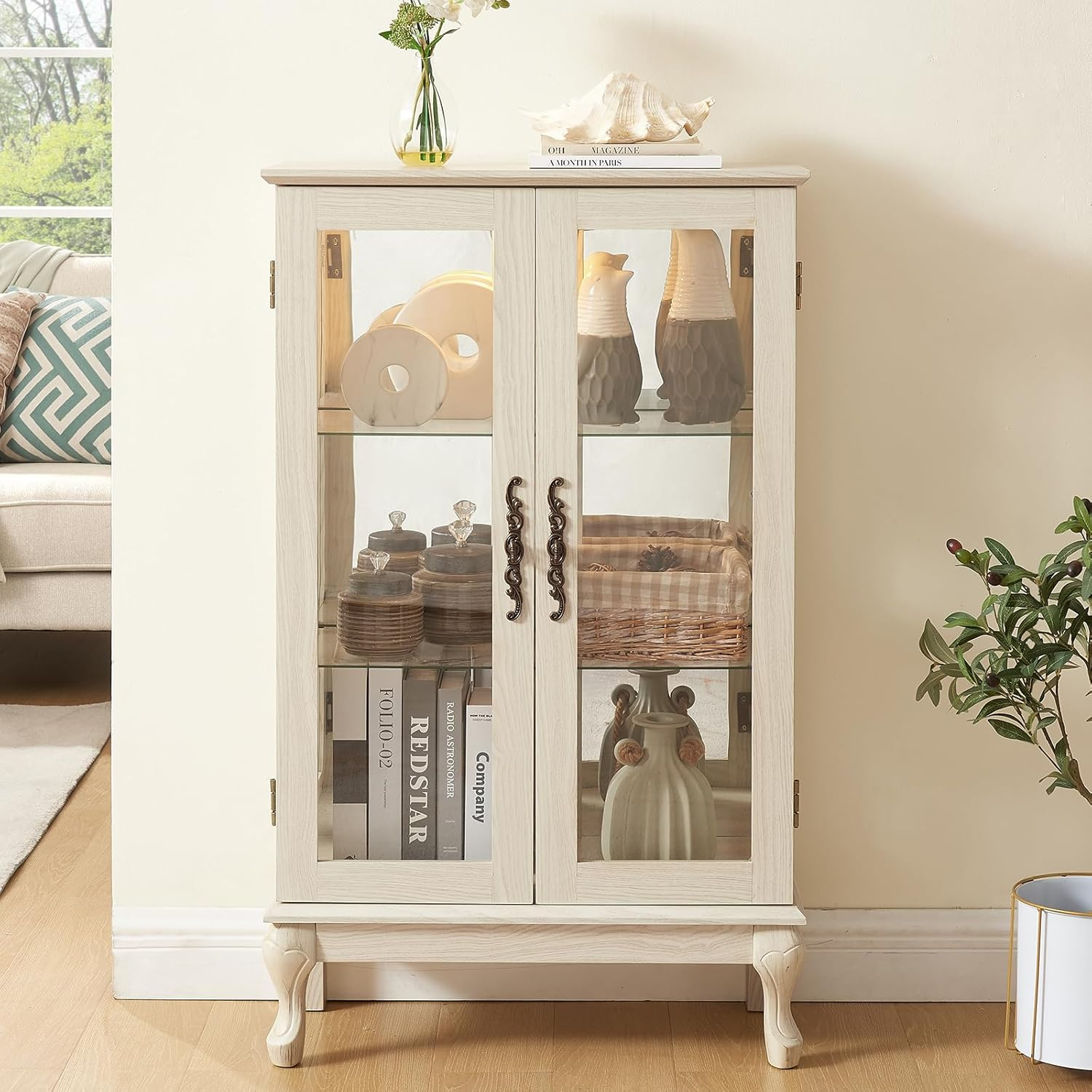 Glass Display Cabinet, China Cabinets with Glass Doors Lighted Curio Cabinet with 2 Tempered Glass Doors Mirrored Back Panel Adjustable Shelves Light Bulb Included for Home (White)