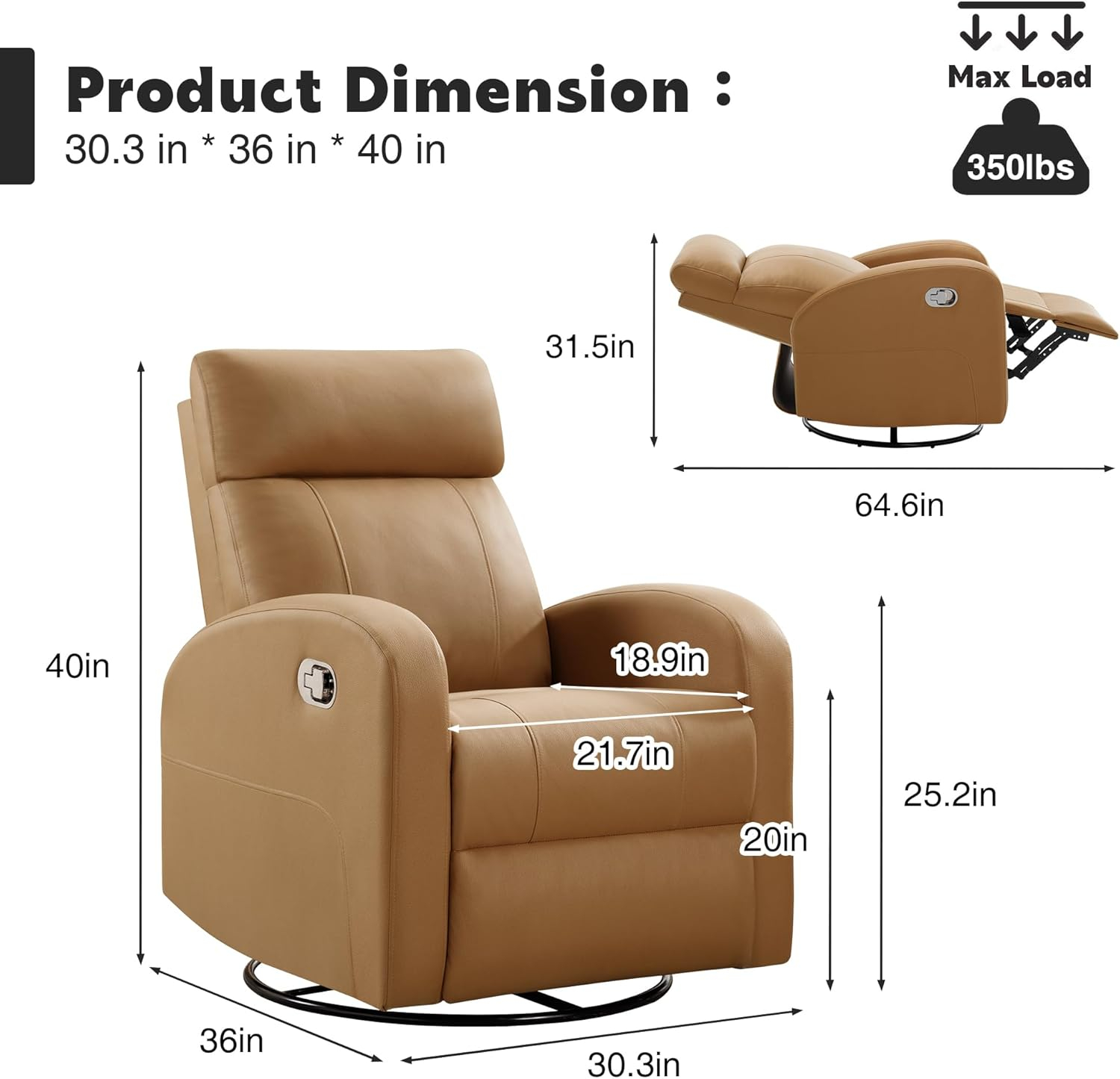 Swivel Rocker Recliner Chair, Manual Leather Recliner, Glider Rocking Recliner Chair 360°Swivel Nursery Reclining Chair with Adjustable Headrest/Highback for Living Room, Brown