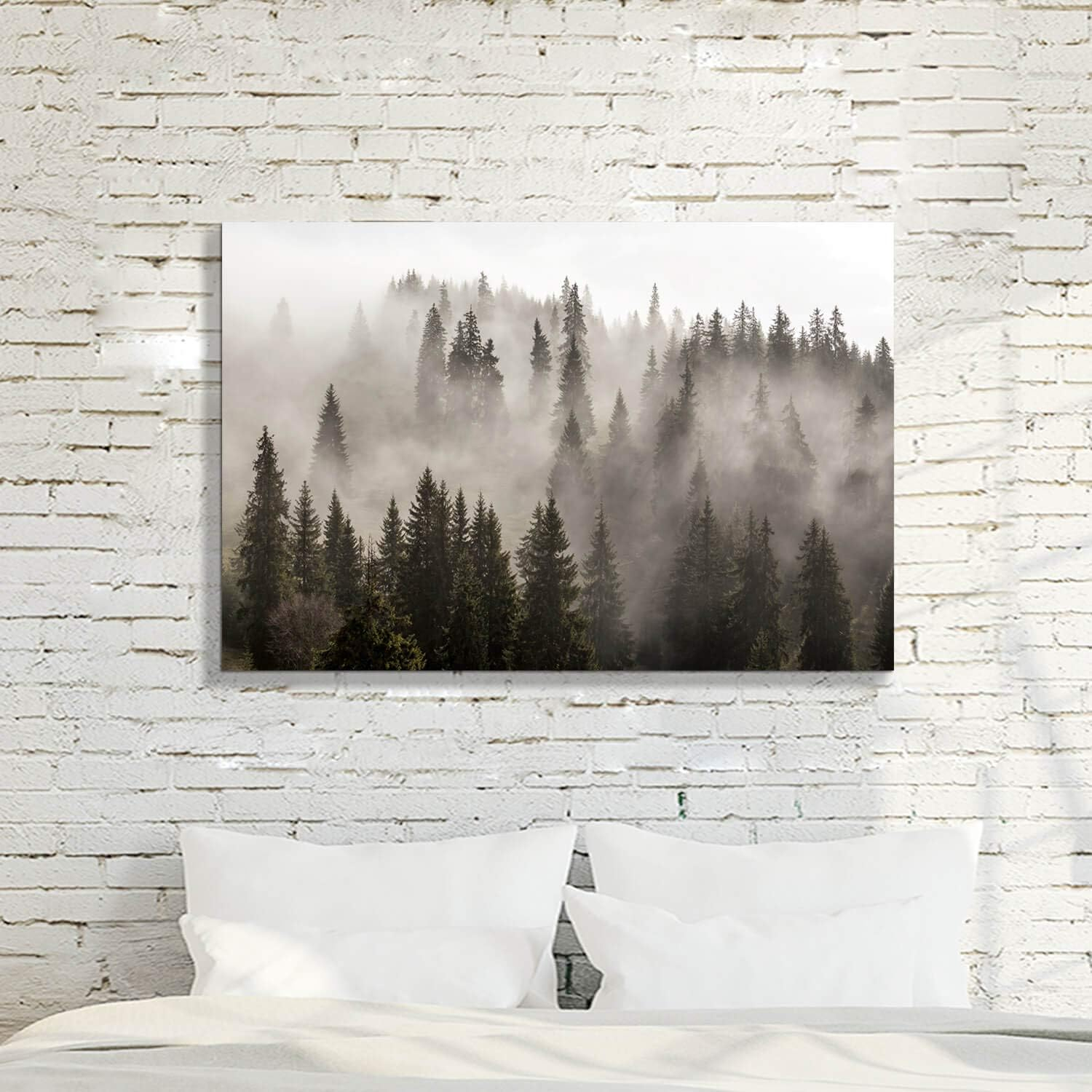 Foggy Forest Picture Wall Art: Landscape Artwork Photographic Print on Canvas for Office (45" W x 30" H,Multi-Sized)