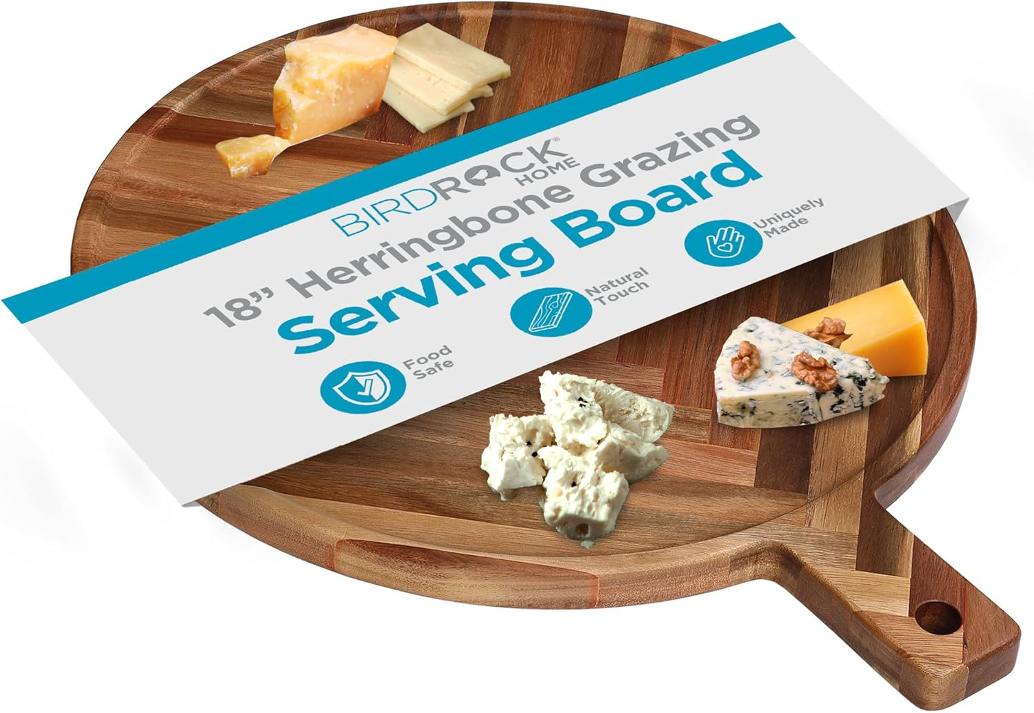 Large Round Acacia Wood Herringbone Serving Board with Handle