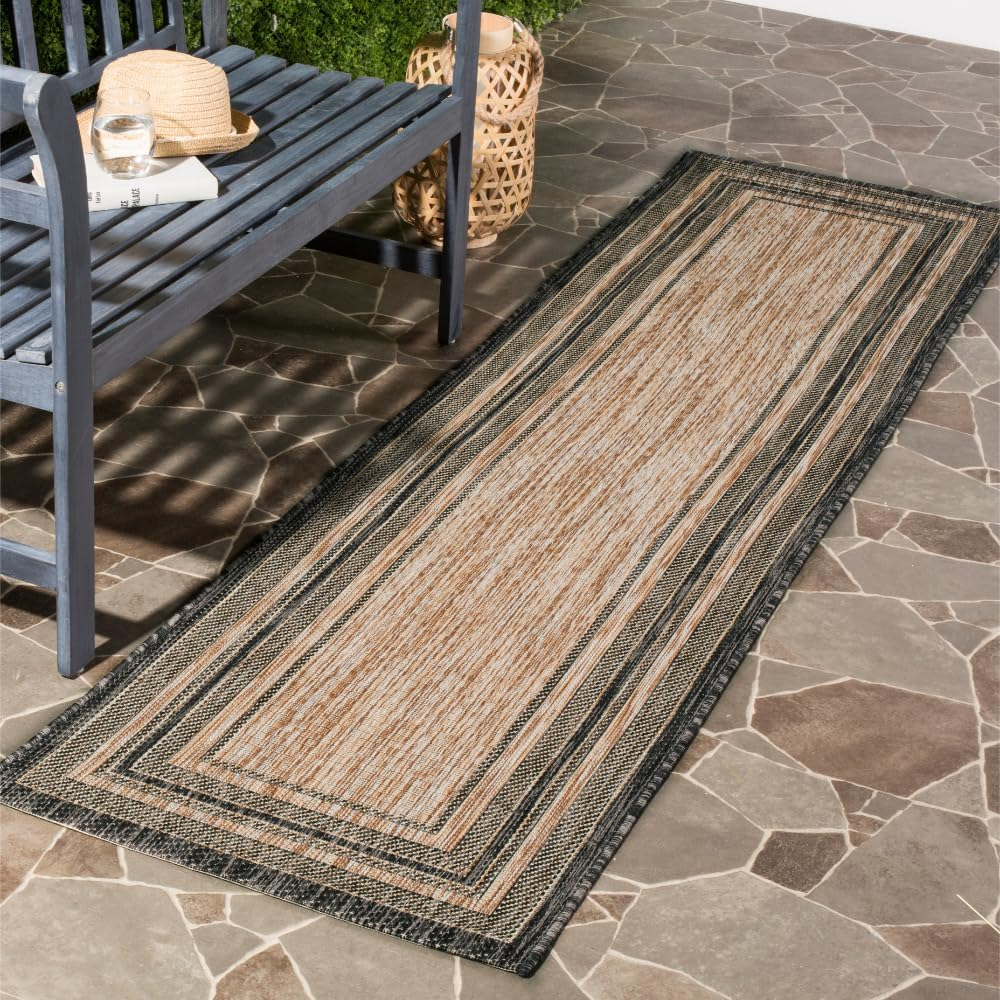 SAFAVIEH Courtyard Ercan Bordered Indoor/Outdoor Runner Rug, Natural/Black, 2'3" x 14'