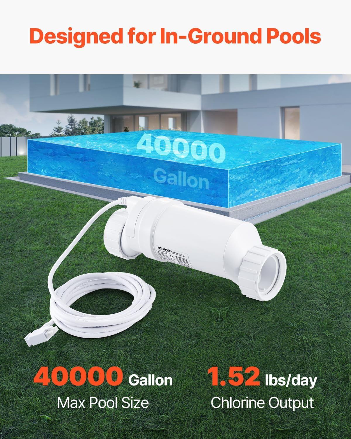 VEVOR Salt Water Chlorinator System, Pool Chlorination Cell Fits for Hayward W3T-Cell-15 (T15), Pool Cell Salt Water System for In-Ground Swimming Pools up to 40,000 Gallons, 15 ft Power Line, White