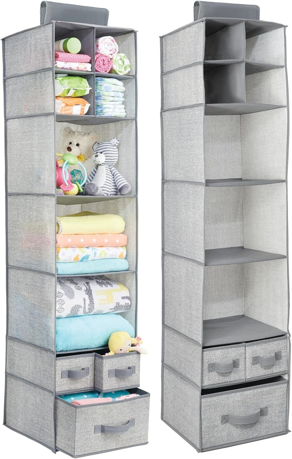 mDesign Fabric Nursery Hanging Organizer with 7 Shelves/3 Drawers, 2 Pack - Gray