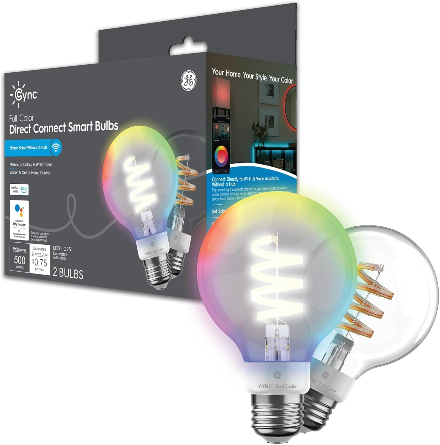 GE CYNC Smart LED Light Bulbs, G25 Globe Bulb, Room Décor Aesthetic, Color Changing Light Bulbs, 60W Equivalent, Works with Amazon Alexa and Google Home (2 Pack)
