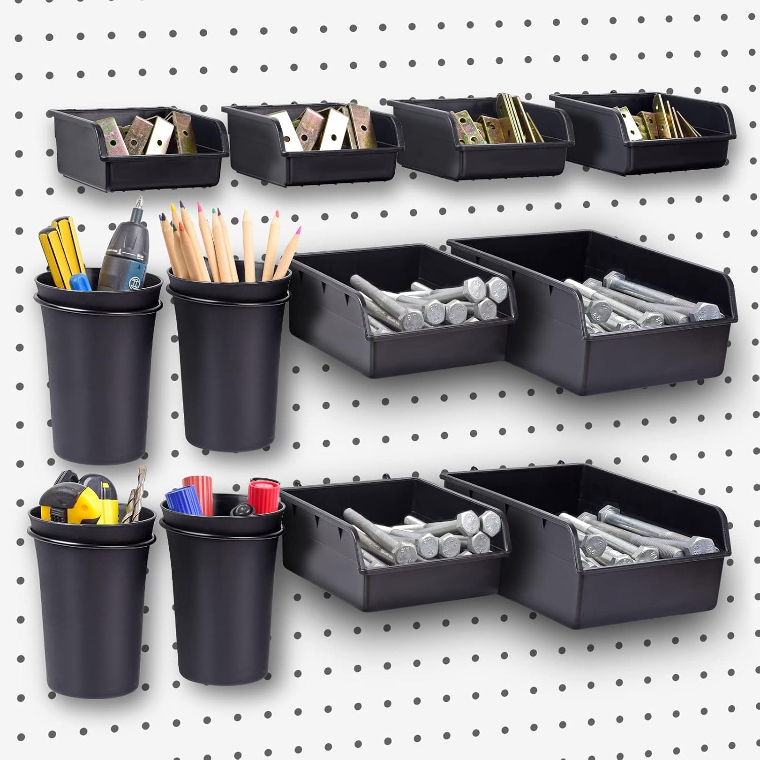 G.Core 12-Pack Pegboard Bins & Cups with Hooks, Plastic Peg Board Accessories for Organizing Tools