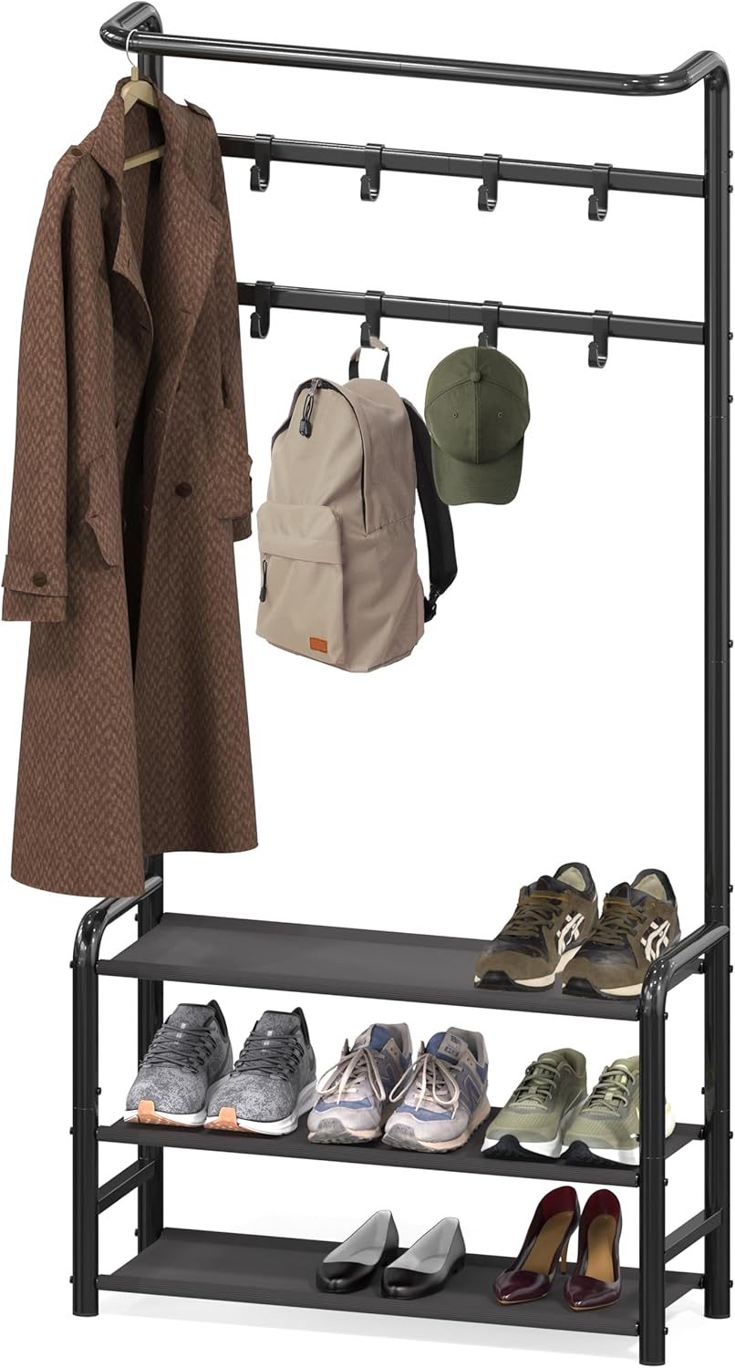 Simple Houseware Coat Rack with Storage Shelf and Shoe Rack for Entryway, Black