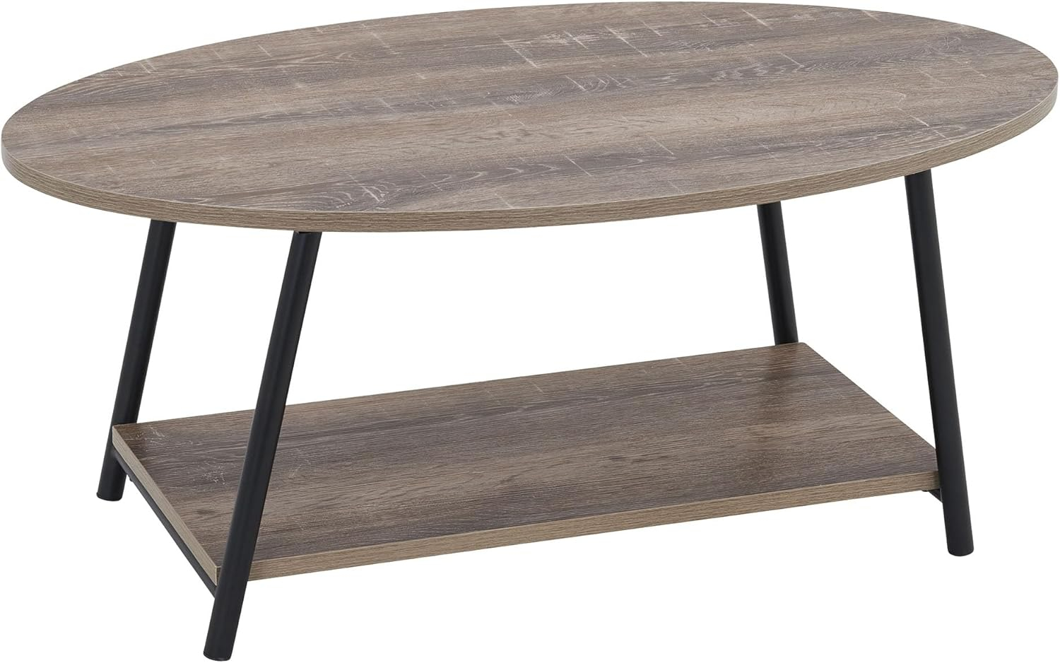 Household Essentials Jamestown Oval Coffee Table with Storage Shelf Ashwood Rustic Wood Grain and Black Metal