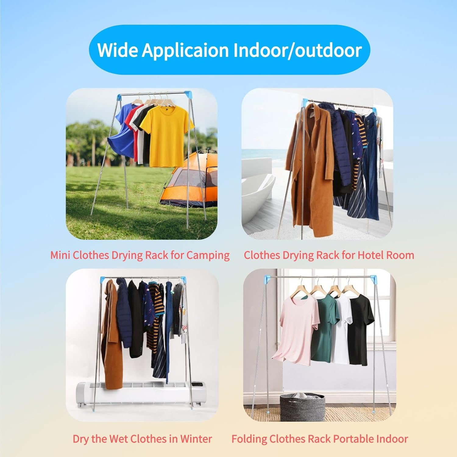 Portable Travel Garment Rack, Compact Stainless Steel Foldable Mini Drying Clothes Rack for Travel, Camping, Hotel Room, Laundry, Dance Costume, Indoor, Outdoor (Regular)