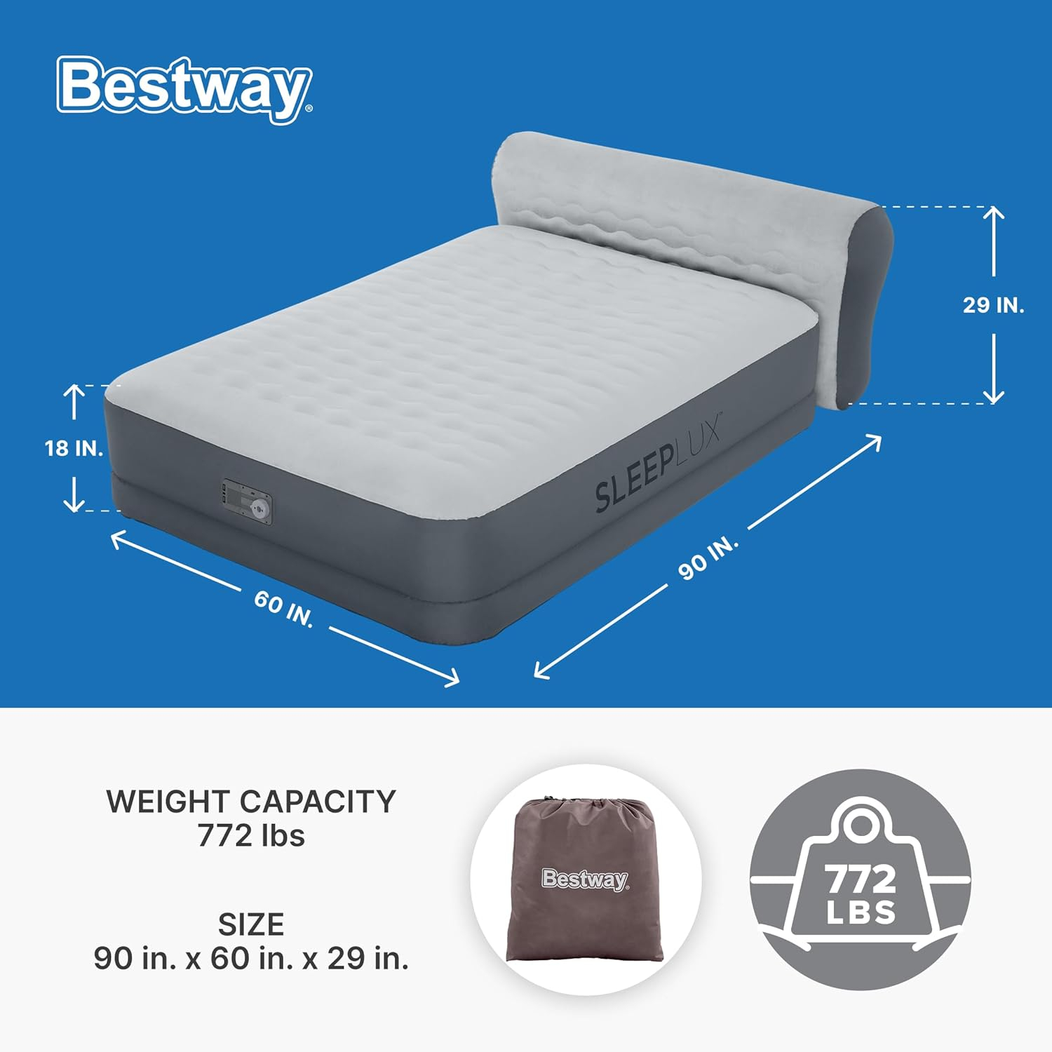 SleepLux Queen Air Mattress with Headboard | Supersoft Snugable Top, Extra Durable Tough Guard | Raised Airbed with Built in Pump + USB Charger (90"x60"x29") Grey
