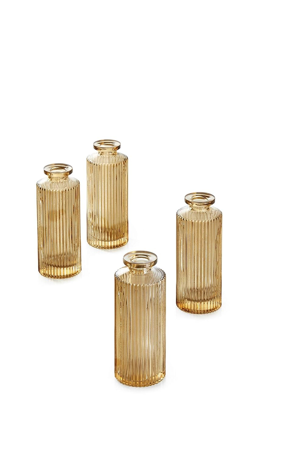Serene Spaces Living Set of 4 Amber Pleated Bud Vase, Vases for Centerpieces for Home Decor, Events, Weddings, Parties, Measures 5.25" Tall and 2" Diameter