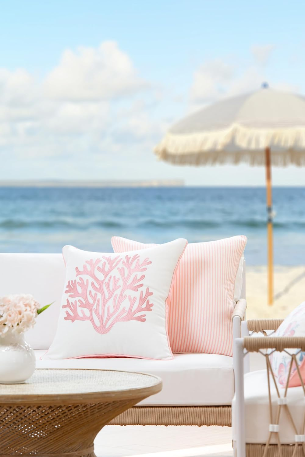 Hofdeco Premium Coastal Patio Indoor Outdoor Throw Pillow Cover Only, 20"x20" Water Repellent for Backyard, Couch, Blush Pink Embroidered Sea Life Coral with Piping