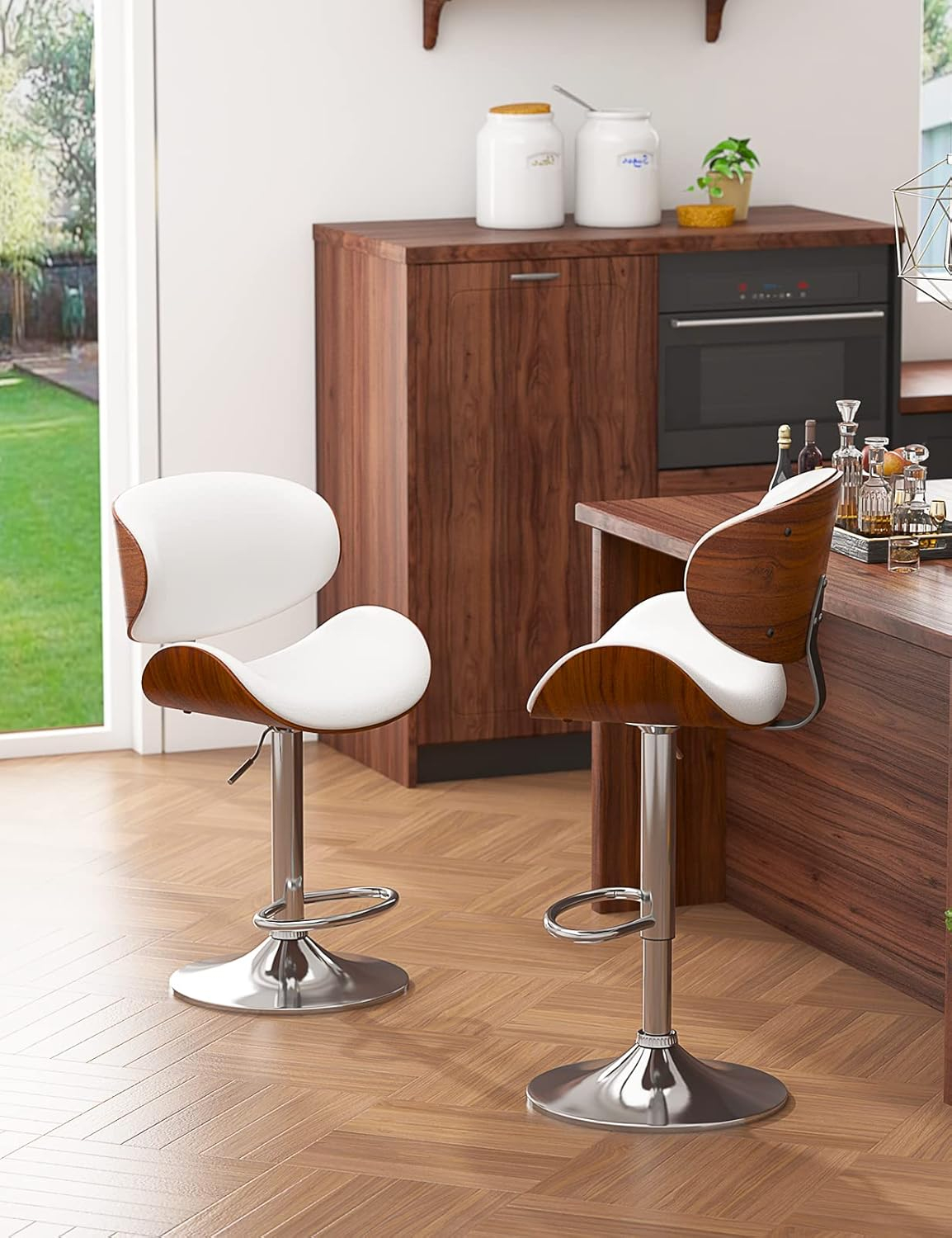 Bar Stools Set of 2, Bentwood Adjustable Height Swivel Bar Stools, PU Leather Upholstered Bar Chair with Back and Footrest for Bar, Kitchen, Dining Room, White