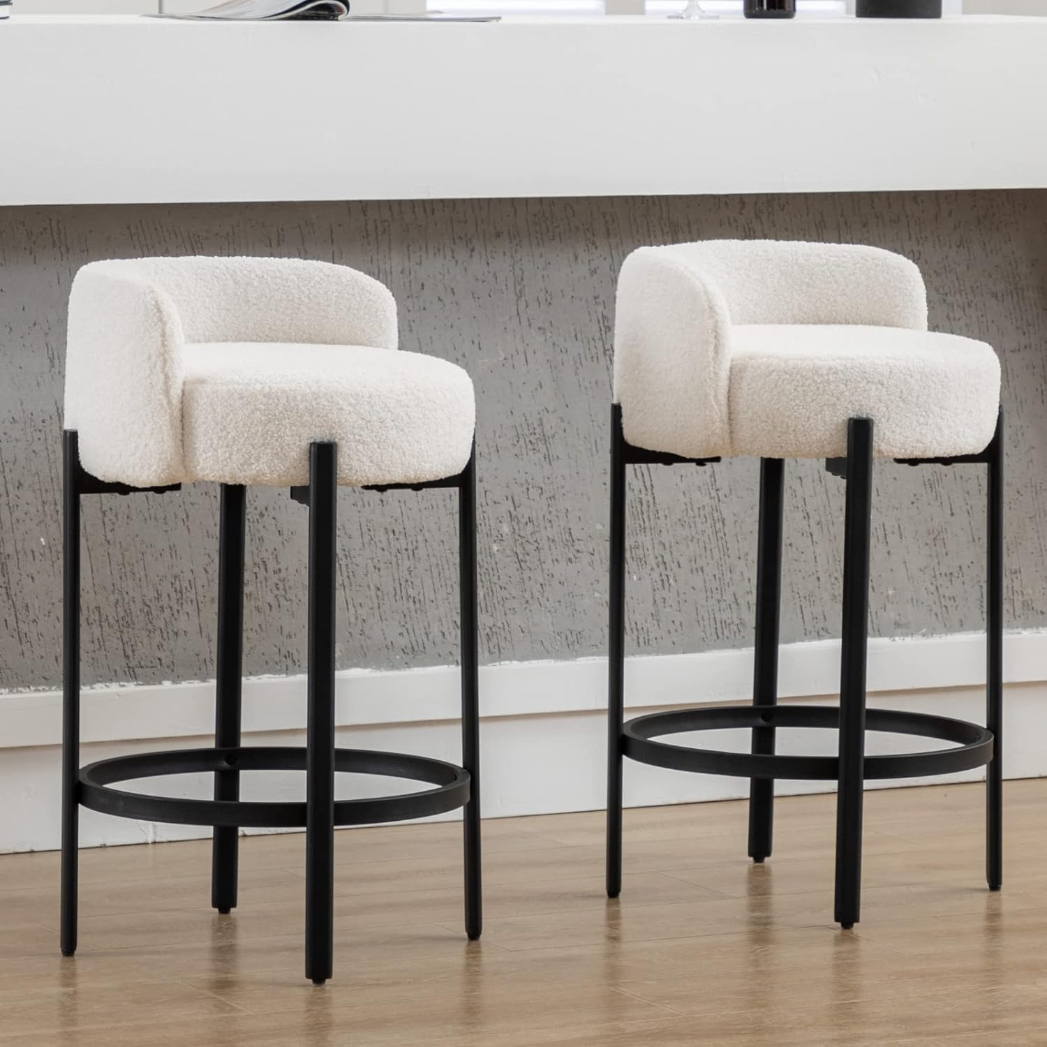 Modern Bar stools Set of 2, 26 Inch Sherpa Fabric Counter Height Barstools with Low Back, Upholstered Round Shape Kitchen Island Stools with Black Metal Legs for Dining Room Bar, White