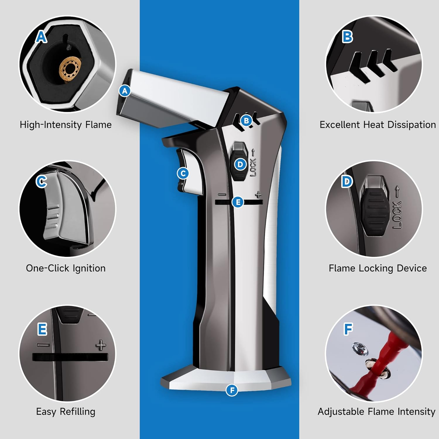 Butane Torch - Refillable Torch Lighter, Kitchen Torch for Baking, Cooking Food, Creme Brulee, BBQ, Blow Torch with Safety Lock and Adjustable Flame, 2 Cans Butane Included.