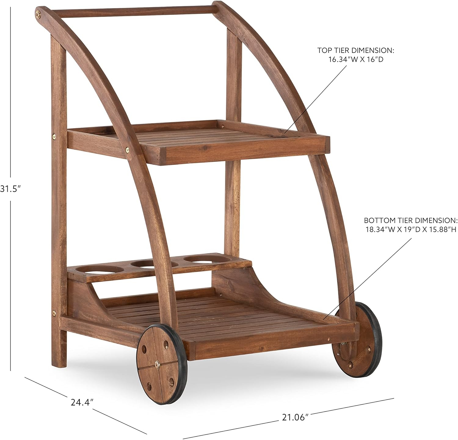 Linon Chandler Acorn Finished Acacia Wood Outdoor Bar Trolley with Three Bottle Glass Holders